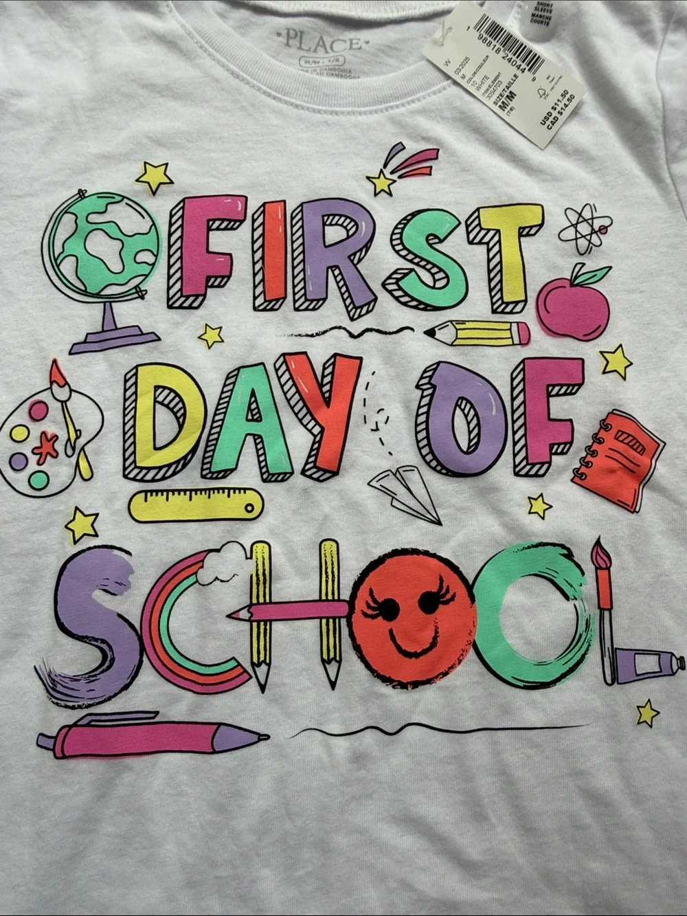NWT The Children's Place White 'First Day of School' Colorful Graphic Tee size M